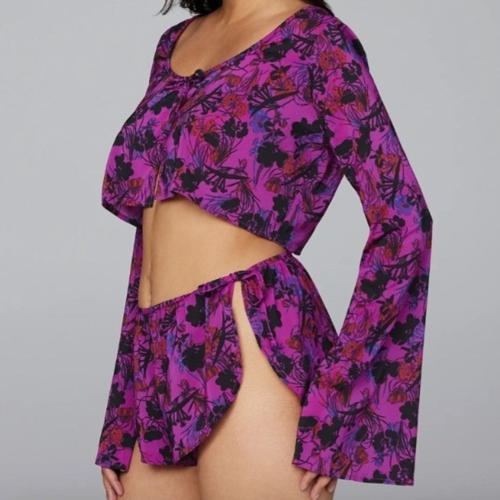 Savage X Fenty Rihanna Magenta Floral Tie Front Crop Top Long Sleeve Medium NWT - Picture 5 of 6